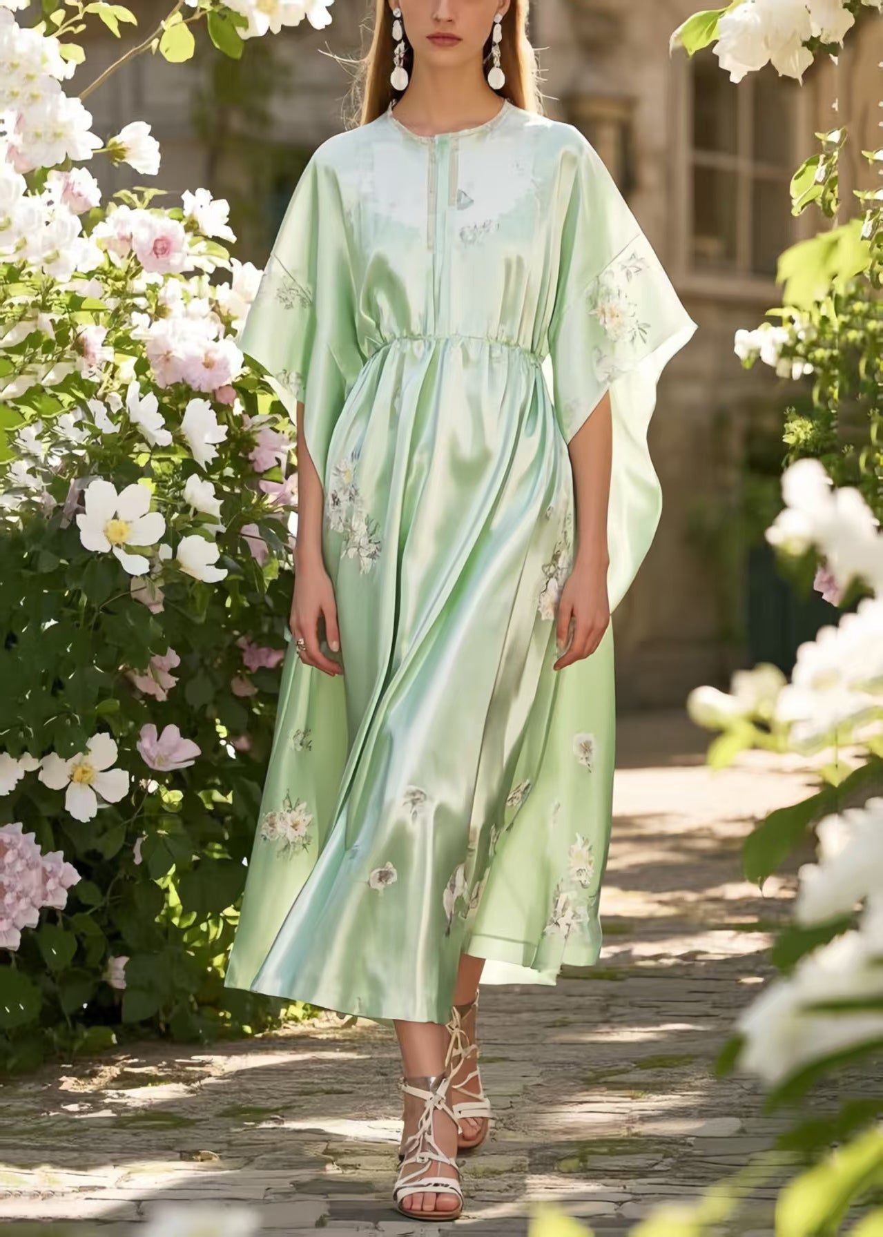 Classy Fruit Green Print Silk Holiday Dress Batwing Sleeve