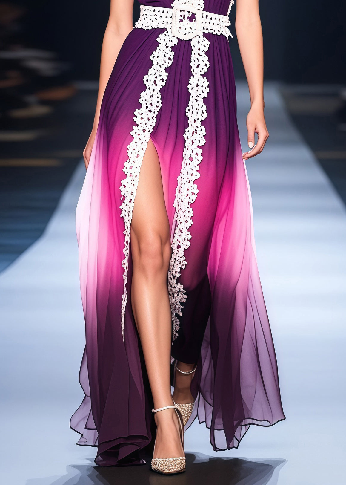 Classy Gradient Purple Side Open Lace Patchwork Chiffon Vestidos Dress Summer