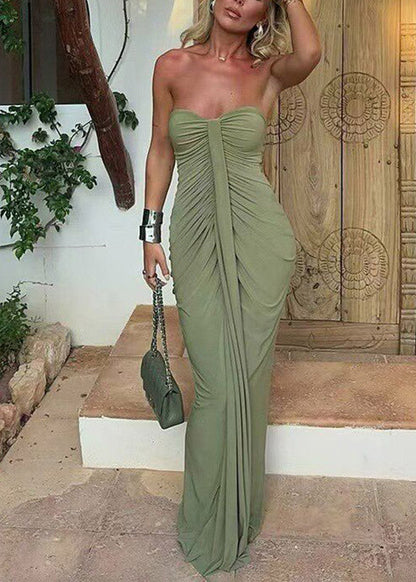 Classy Green Cold Shoulder Wrinkled Long Dress Sleeveless