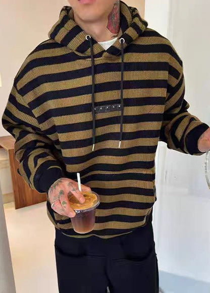Classy Green Hooded Striped Knit Sweaters Winter