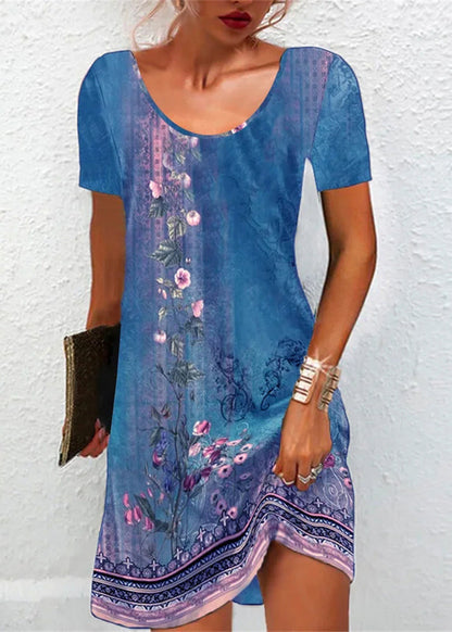 Classy Green O-neck Print Mid Dress Short Sleeve