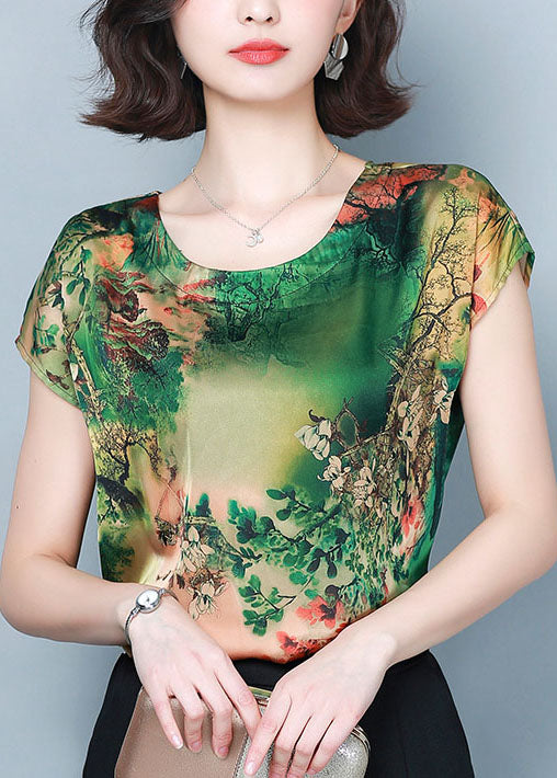 Classy Green O-neck Print Tops and Pants Two Piece Suit Set Summer