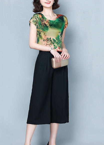 Classy Green O-neck Print Tops and Pants Two Piece Suit Set Summer
