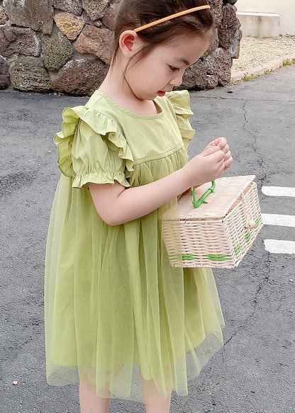Classy Green O-neck Ruffled Patchwork Tulle Long Dresses Summer