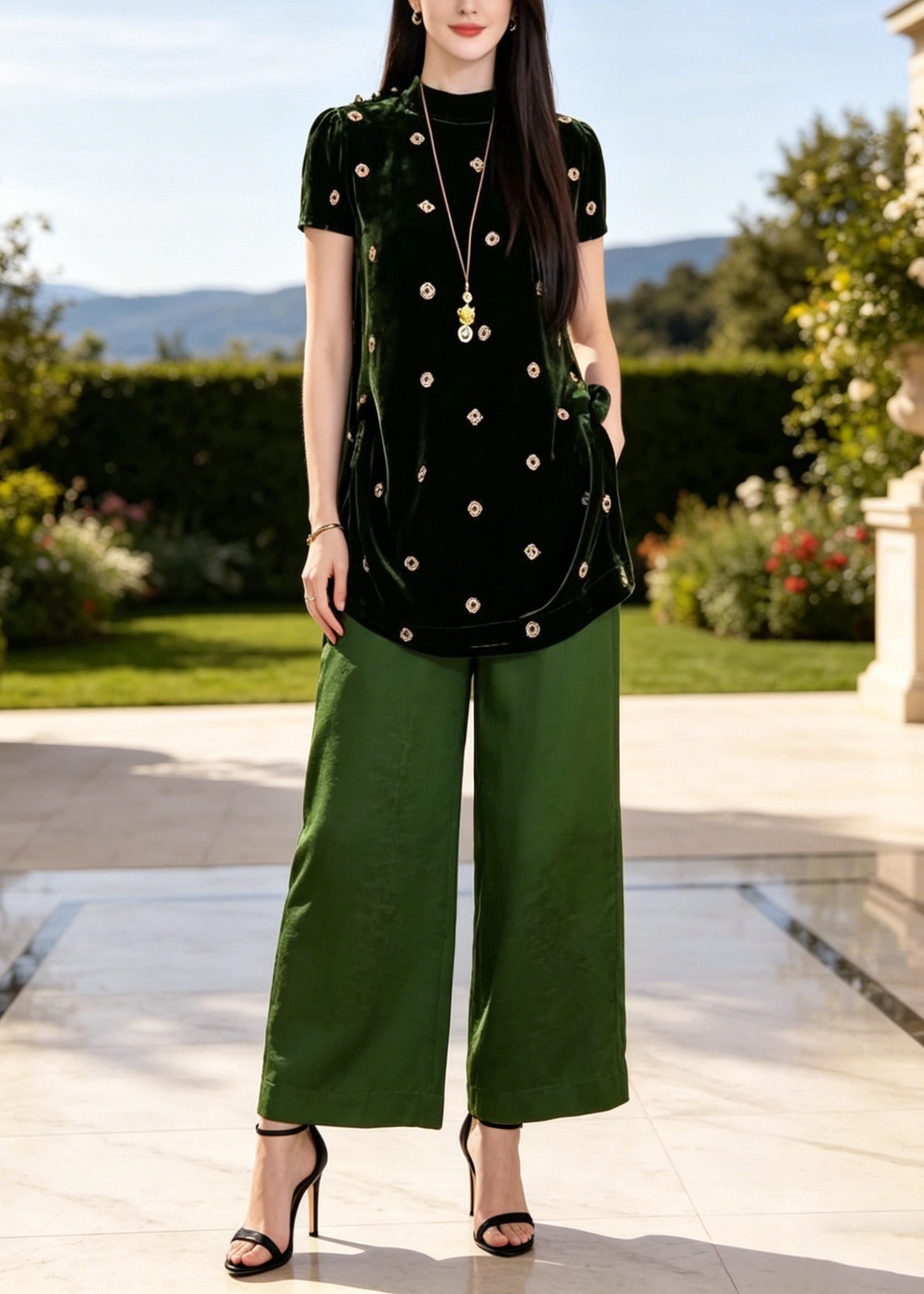 Classy Green Stand Collar Print Silk Two Piece Set Clothing Summer