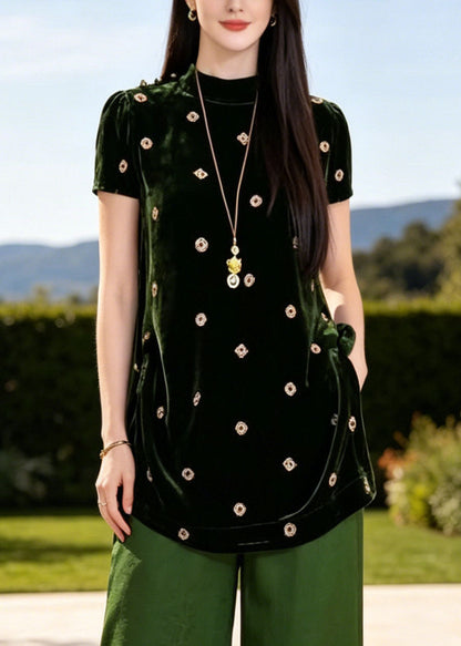 Classy Green Stand Collar Print Silk Two Piece Set Clothing Summer