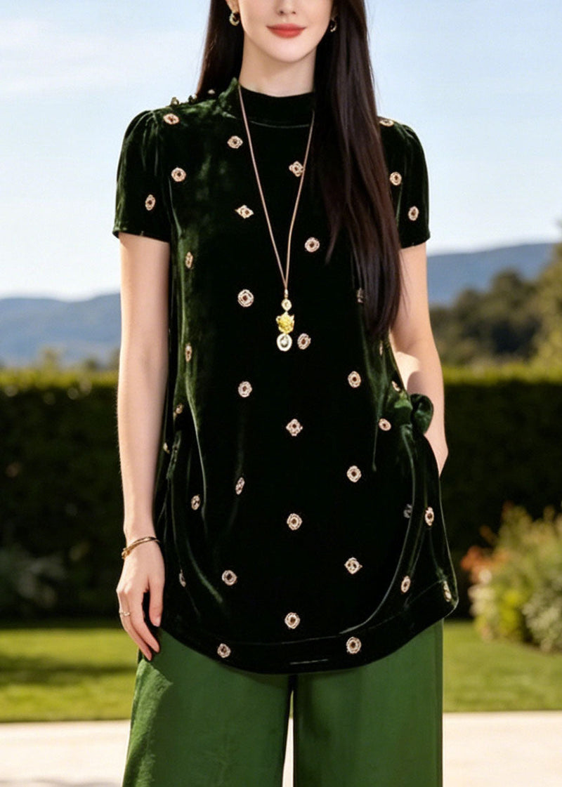 Classy Green Stand Collar Print Silk Two Piece Set Clothing Summer