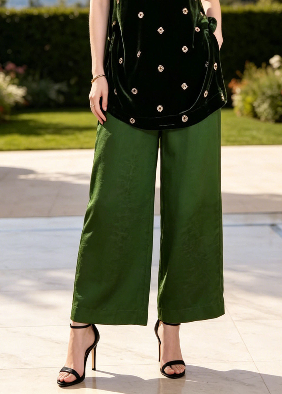Classy Green Stand Collar Print Silk Two Piece Set Clothing Summer