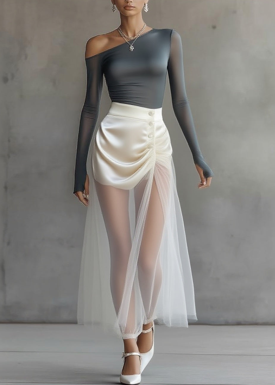 Classy Grey Cold Shoulder Top and Tulle Maxi Skirts Two Pieces Set Spring