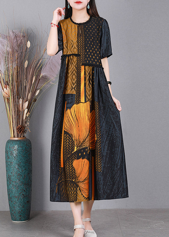 Classy Grey O-neck Print Silk Party Dress Short Sleeve