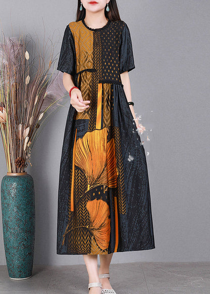 Classy Grey O-neck Print Silk Party Dress Short Sleeve