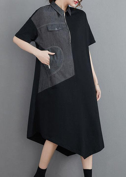Classy Grey Patchwork Peter Pan Collar Pockets Long Summer Cotton Dress