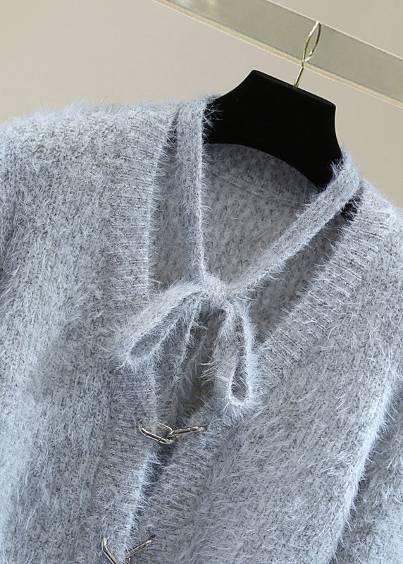 Classy Grey V Neck Bow Ma Hai Mao Cotton Knit Sweaters Winter