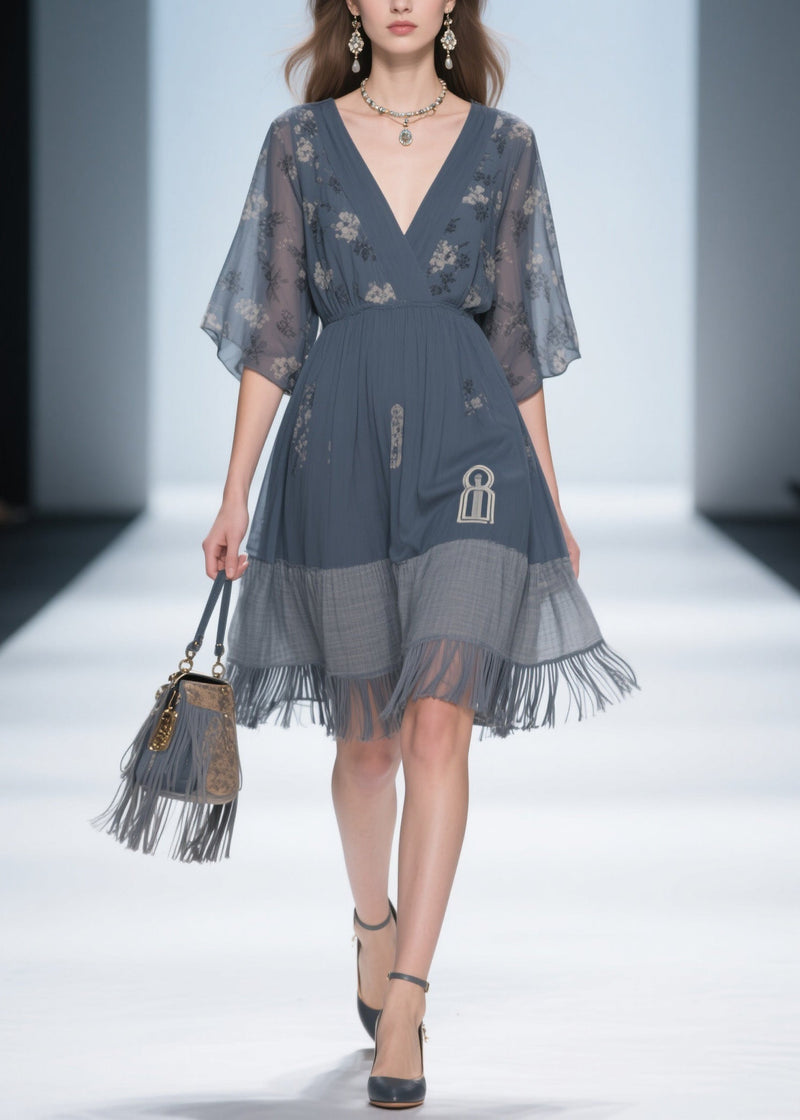 Classy Grey V Neck Tassel Patchwork Cotton Dress Summer