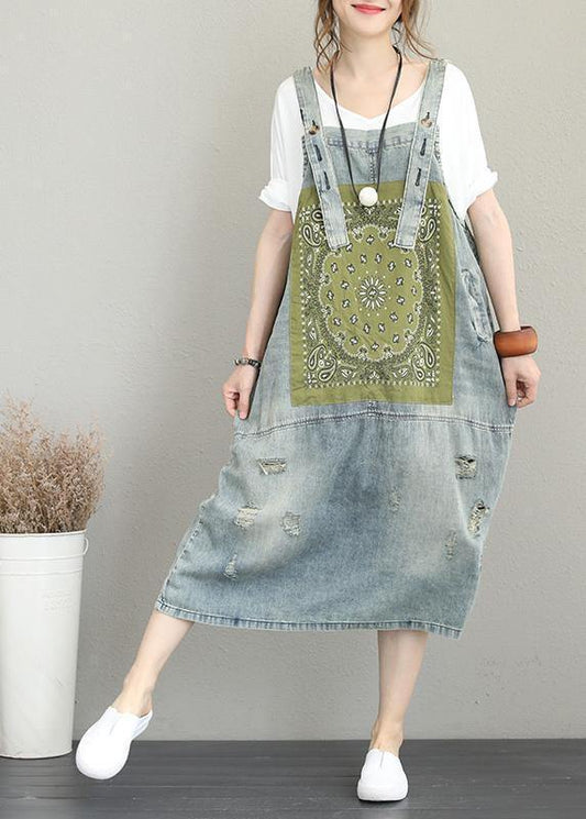 Classy Hole Spaghetti Strap Cotton Tunic Pattern Catwalk Denim Dress