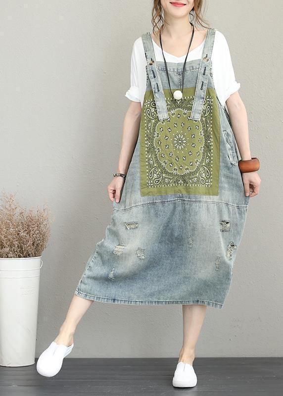 Classy Hole Spaghetti Strap Cotton Tunic Pattern Catwalk Denim Dress