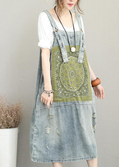 Classy Hole Spaghetti Strap Cotton Tunic Pattern Catwalk Denim Dress