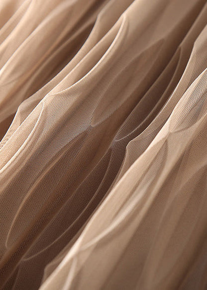 Classy Khaki Elastic Waist Wrinkled Tulle a Line Skirts Spring