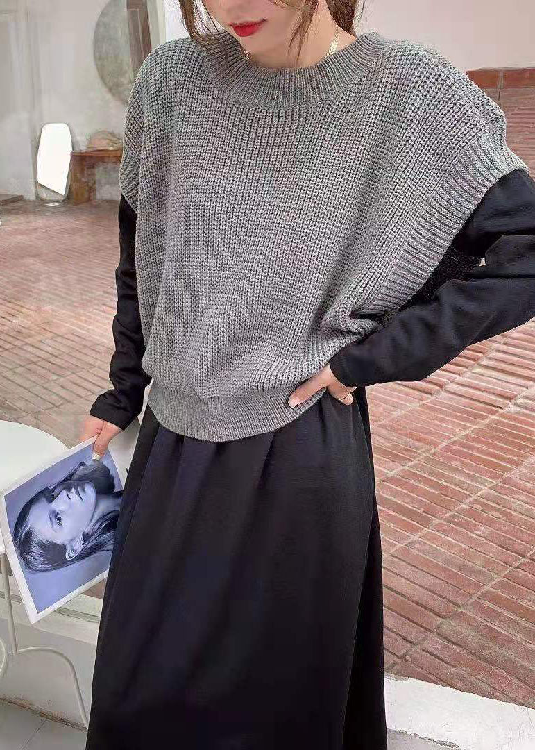 Classy Khaki Knit Vest and O-neck Long Dresses Cotton Two Piece Set Spring