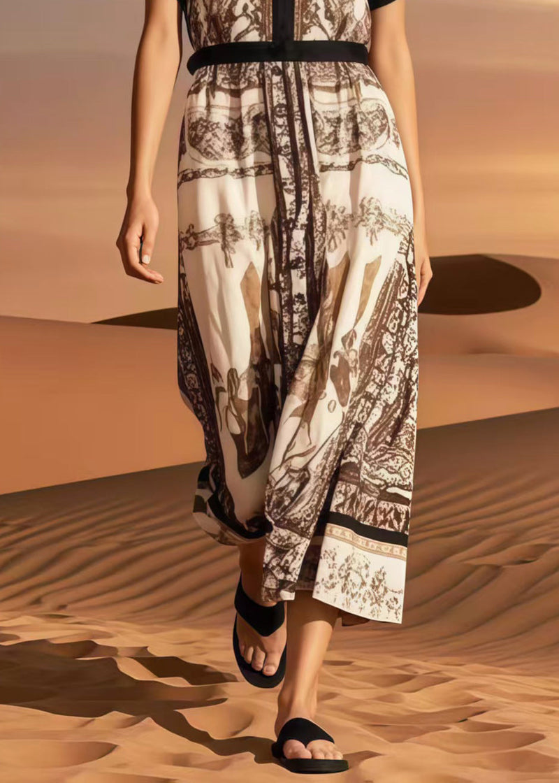 Classy Khaki O-neck Print Cotton Maxi Dress Summer