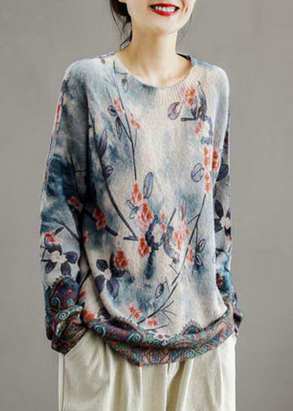 Classy Khaki O-neck Print Mink Hair Knitted Sweaters Long Sleeve