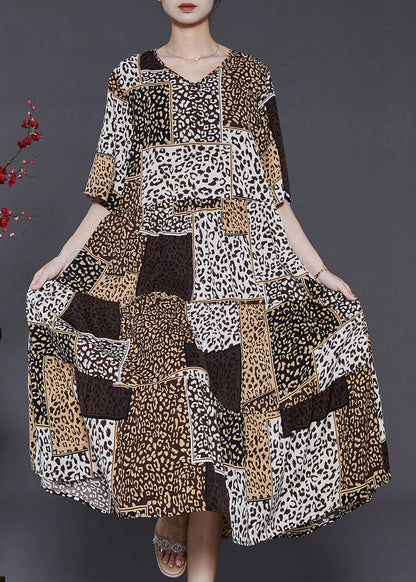 Classy Khaki Oversized Print Chiffon Holiday Dress Summer