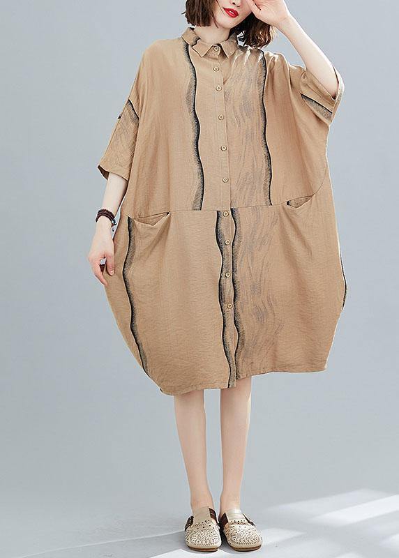 Classy Khaki Patchwork Pockets Summer Half Sleeve Holiday Dress