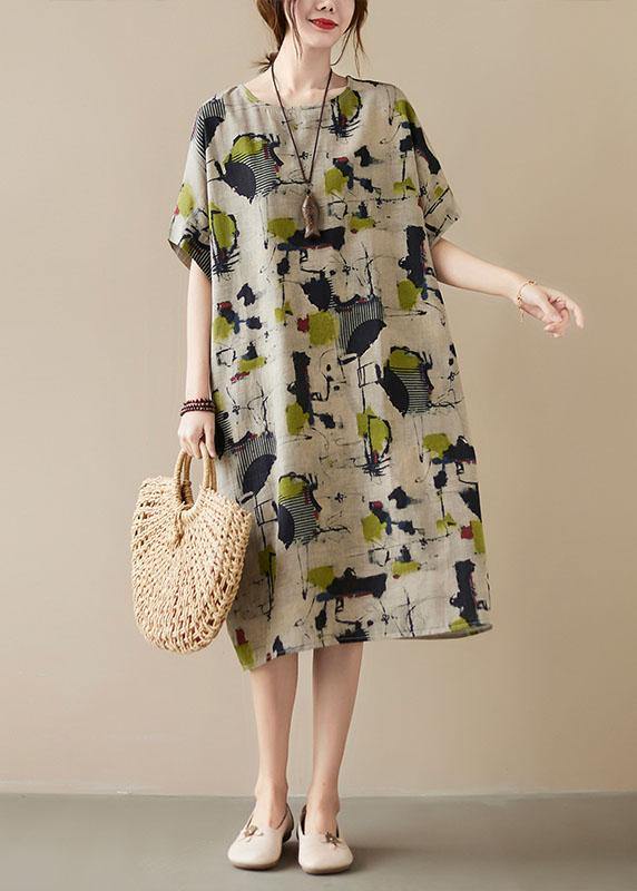 Classy Khaki Print O-neck Pockets Summer Maxi Dresses Half Sleeve
