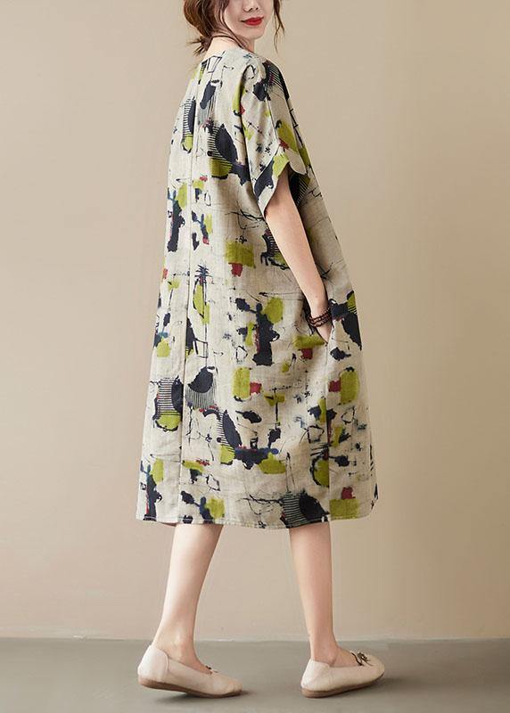 Classy Khaki Print O-neck Pockets Summer Maxi Dresses Half Sleeve