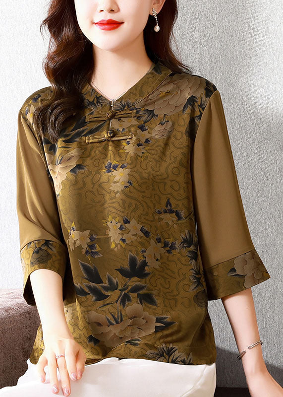 Classy Khaki Stand Collar Print Patchwork Silk Top Half Sleeve