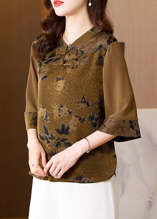 Classy Khaki Stand Collar Print Patchwork Silk Top Half Sleeve