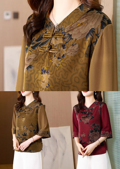 Classy Khaki Stand Collar Print Patchwork Silk Top Half Sleeve