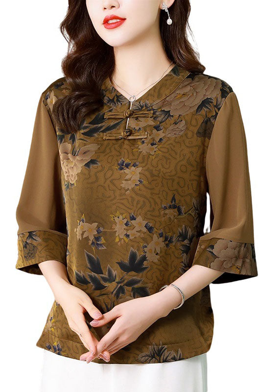 Classy Khaki Stand Collar Print Patchwork Silk Top Half Sleeve