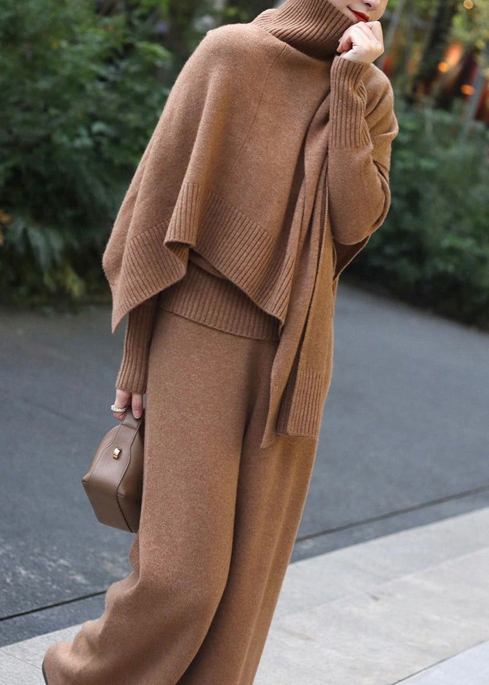 Classy Khaki Sweaters and Pants Knit Two Pieces Set Spring