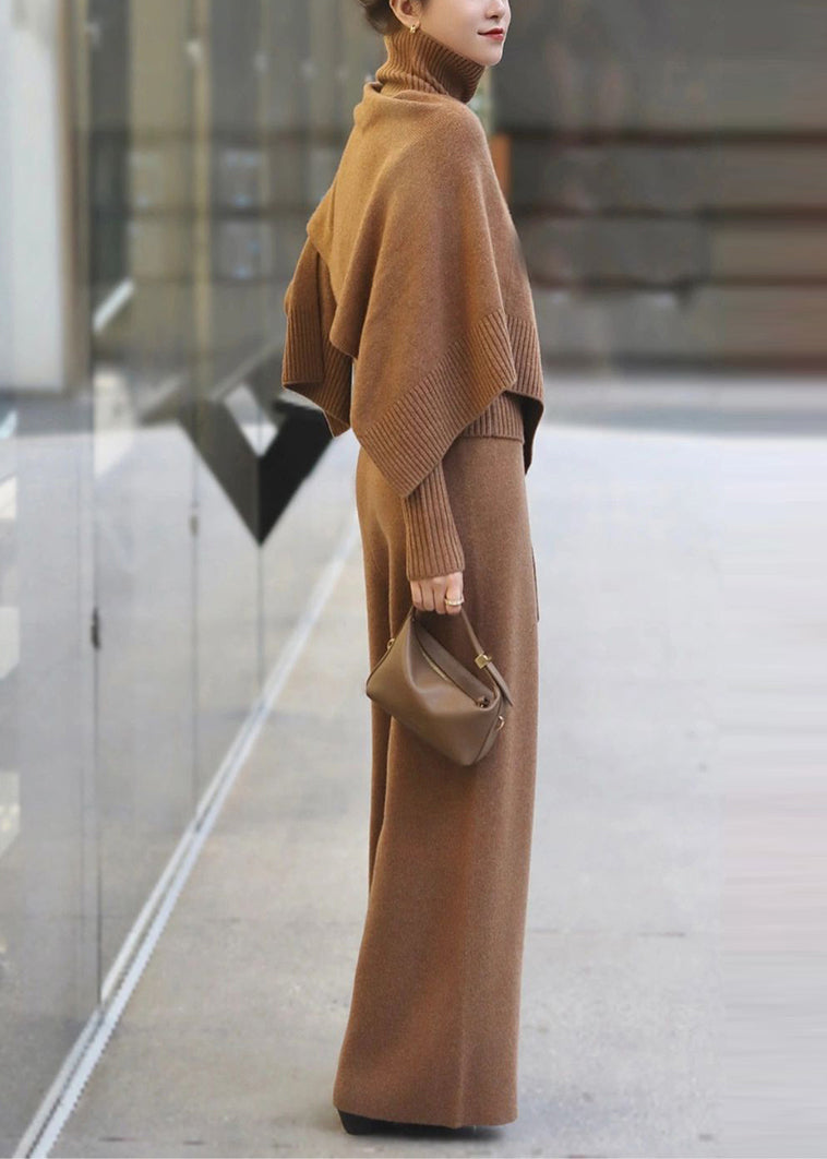 Classy Khaki Sweaters and Pants Knit Two Pieces Set Spring