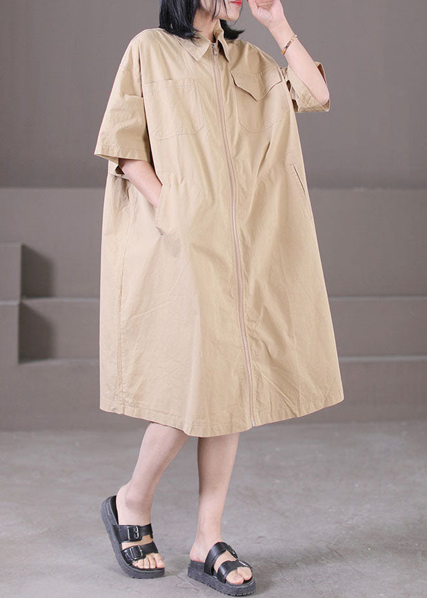 Classy Khaki Turn-down Collar Zip Up Pockets Cotton a Line Dress Summer