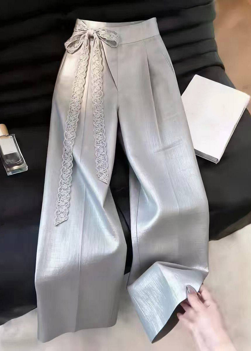Classy Light Grey Lace Tie Waist Wide Leg Pants Summer