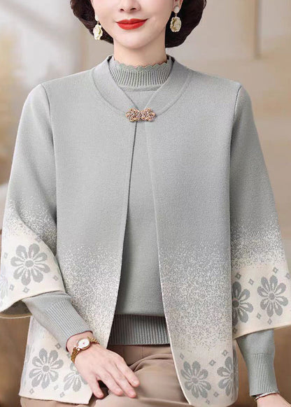 Classy Light Grey Print Cotton Knit Coats and Sweater Two Pieces Set Three Quarter Sleeve