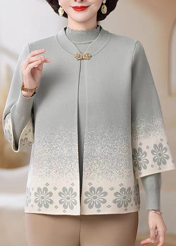 Classy Light Grey Print Cotton Knit Coats and Sweater Two Pieces Set Three Quarter Sleeve