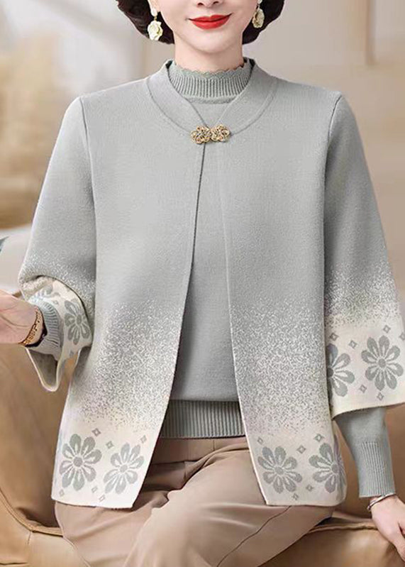 Classy Light Grey Print Cotton Knit Coats and Sweater Two Pieces Set Three Quarter Sleeve