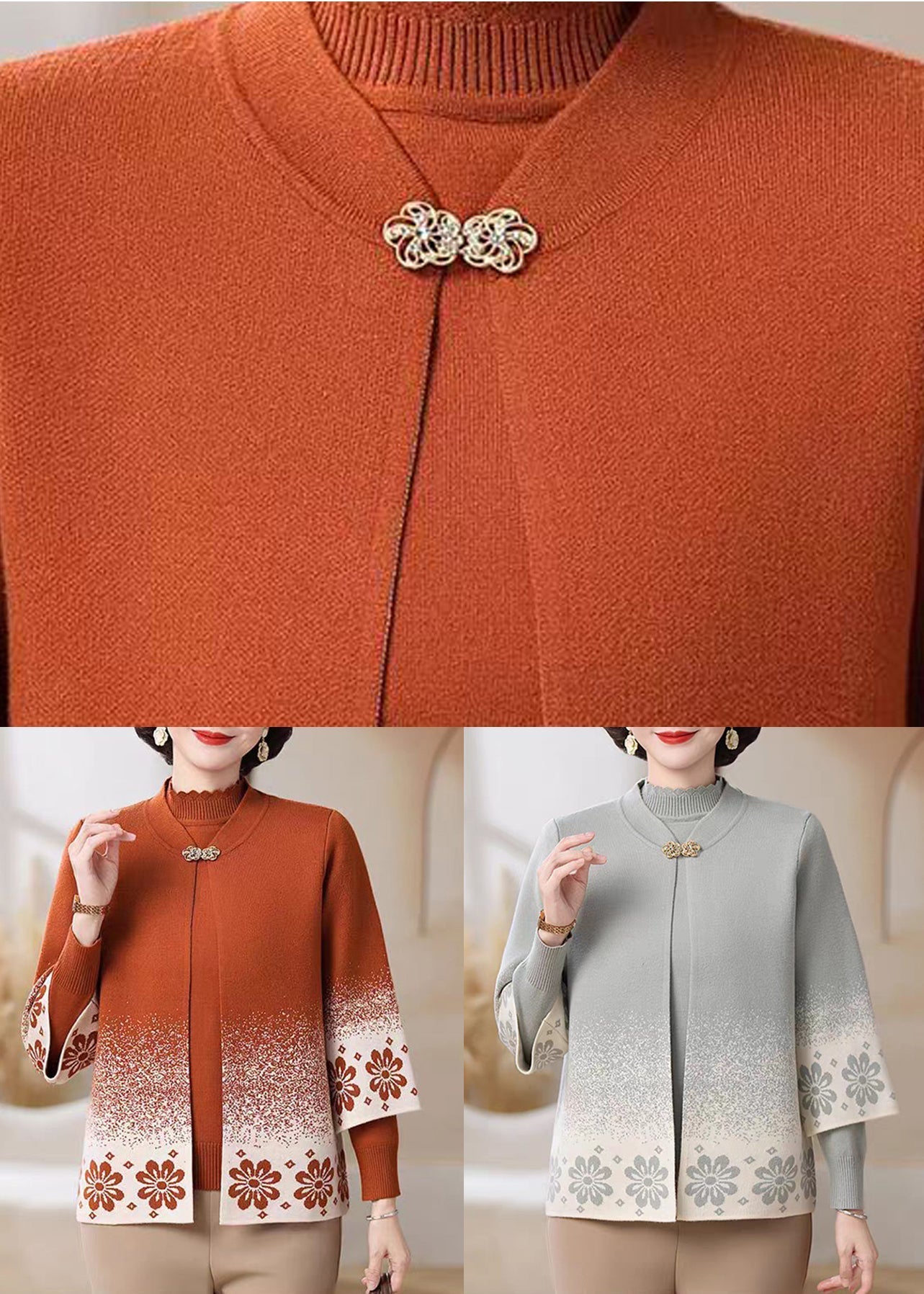 Classy Light Grey Print Cotton Knit Coats and Sweater Two Pieces Set Three Quarter Sleeve