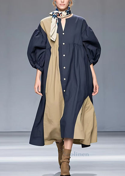 Classy Navy O-neck Patchwork Cotton Dress Half Sleeve