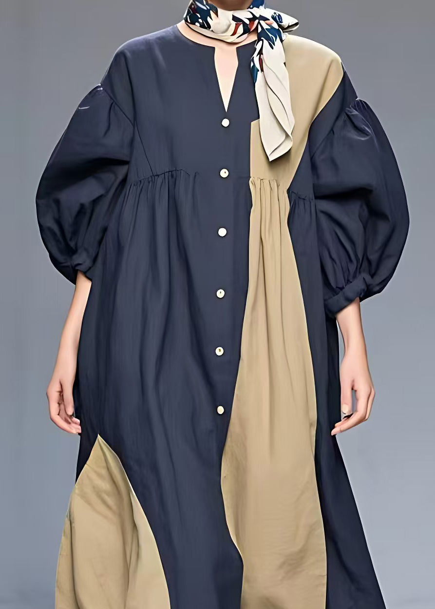 Classy Navy O-neck Patchwork Cotton Dress Half Sleeve