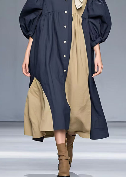 Classy Navy O-neck Patchwork Cotton Dress Half Sleeve