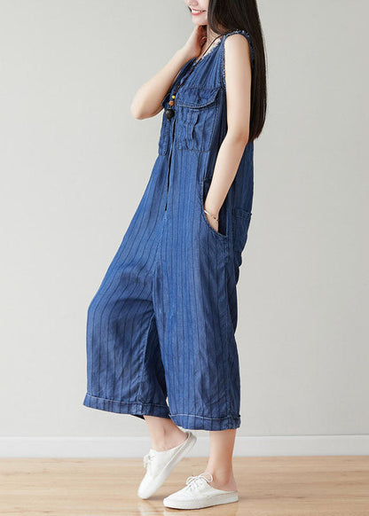 Classy Navy O-neck Striped Cotton Jumpsuits Wide Leg Pants Sleeveless