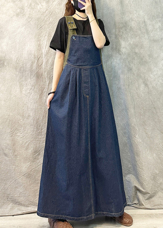 Classy Navy Oversized Patchwork Denim Straps Dresses Summer