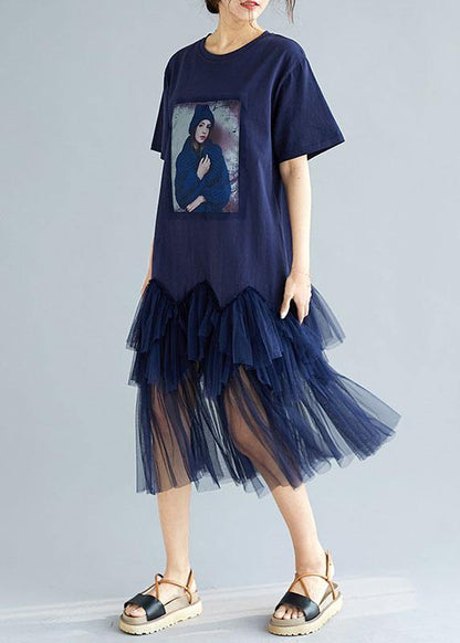 Classy Navy Patchwork Character Pattern Short Sleeve Robe Dresses
