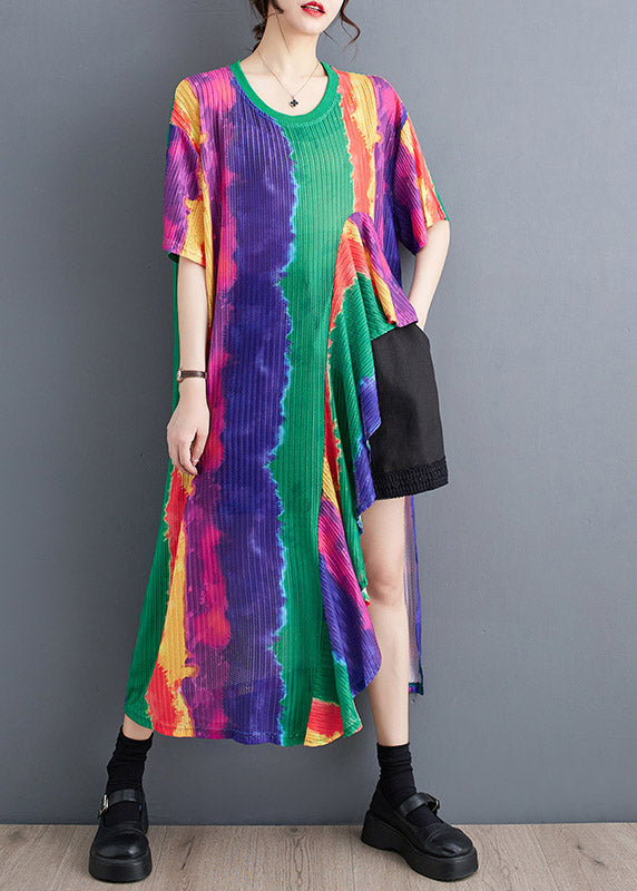 Classy O-neck Asymmetrical Patchwork Print Maxi Dress Short Sleeve