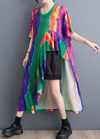 Classy O-neck Asymmetrical Patchwork Print Maxi Dress Short Sleeve