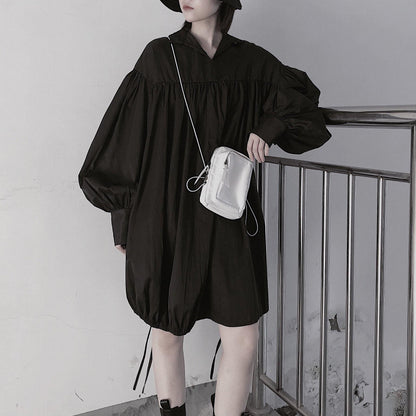 Classy O Neck Drawstring Tunics Sleeve Black Dress